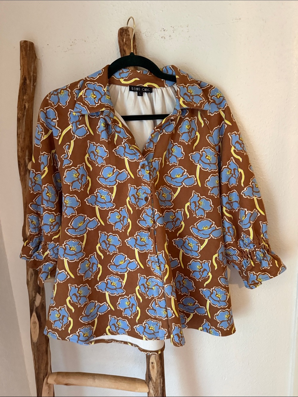 Boho Chic Blue Brown Floral Relaxed Button-Down 3/4 Sleeve Shirt Large